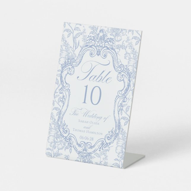 Wedding Crest Blue Floral Elegant Table Number Sockelschild (Vorderseite)