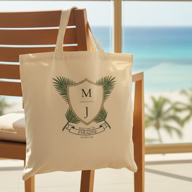 Wedding Crest Tropical Palm Leaf Resort Willkommen Tragetasche (Destination BeachWedding hotel welcome bag. Bride and groom's preppy, tropical monogrammed crest)
