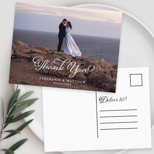 Wedding Custom Foto Vielen Dank Elegante Kalligrap Postkarte (Wedding Custom Photo Thank You Elegant Calligraphy Postcard)
