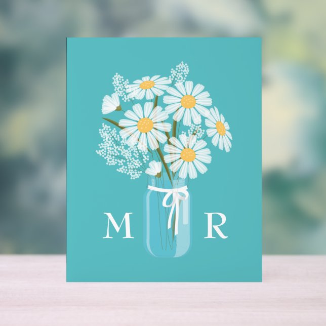Wedding Daisies Mason Jar Monogram Initial Aquamar Acrylschild (Neutral)