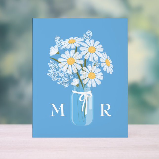Wedding Daisies Mason Jar Monogram Initial Blue Acrylschild (Neutral)