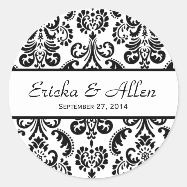 Wedding Damask Black and White V01 Runder Aufkleber (Vorderseite)