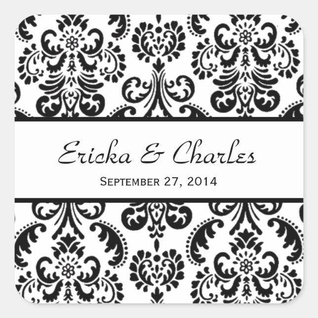 Wedding Damask Black and White V04 Quadratischer Aufkleber (Vorderseite)
