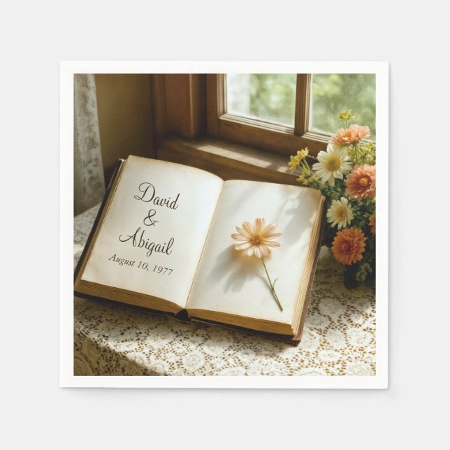 Wedding Date and Names in an Open Book Serviette (Vorderseite)
