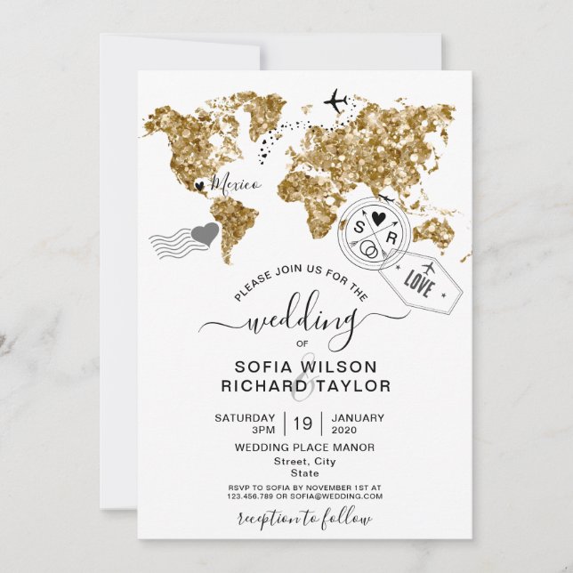Wedding Destination Glitzer Gold Weltkarte Einladung (Vorderseite)