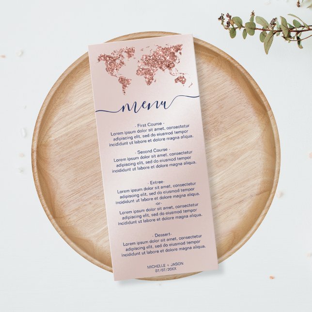 Wedding Destination Gold Glitzer Weltkarte Herzlic Menükarte (Von Creator hochgeladen)