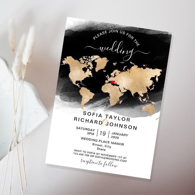 Wedding Destination Gold Weltkarte Einladung zum H (Von Creator hochgeladen)