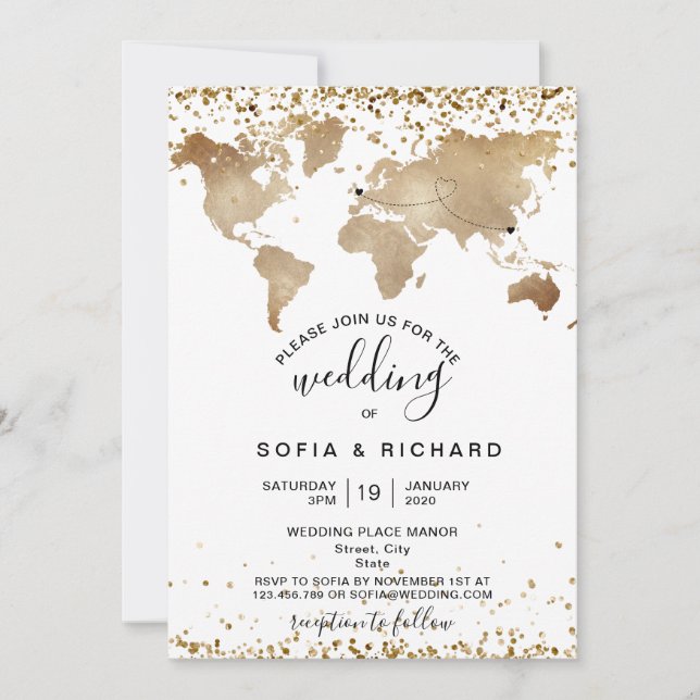 Wedding Destination Gold Weltkarte Einladung zum H (Vorderseite)