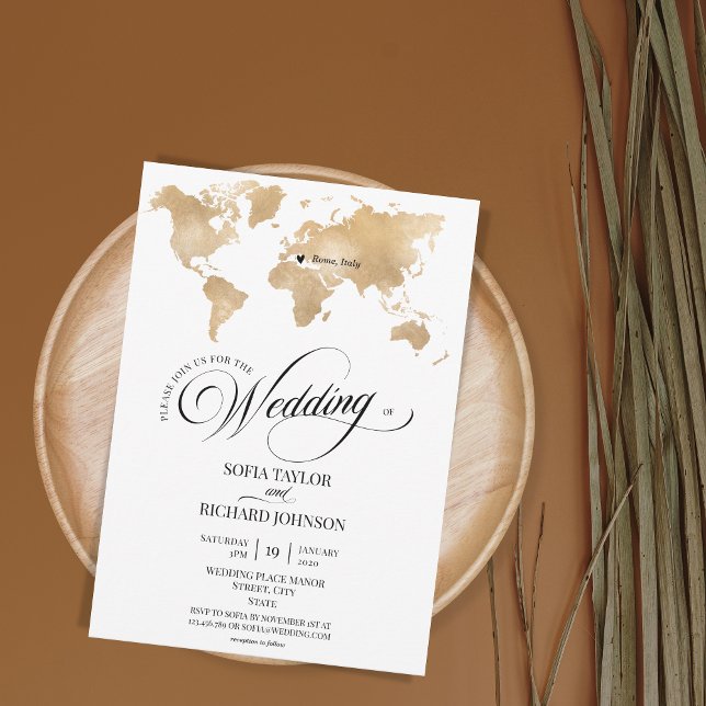 Wedding Destination Gold Weltkarte Typografie Invi Einladung (Von Creator hochgeladen)