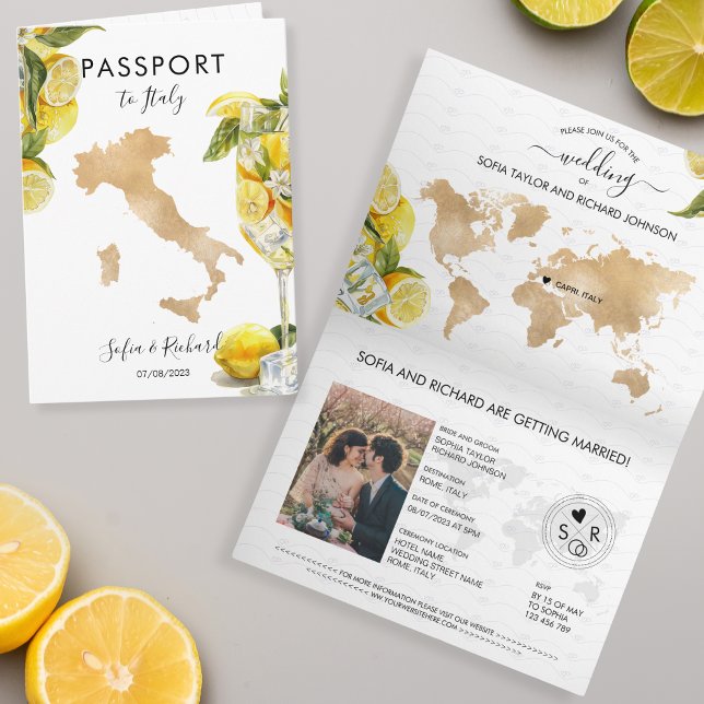 Wedding Destination Lemon Citrus Passport Italien Einladung (lemon citrus summer yellow watercolor)