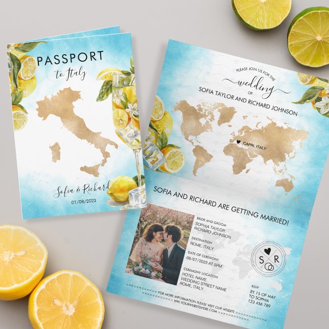 Wedding Destination Lemon Summer Passport Italien Einladung (italy wedding passport)