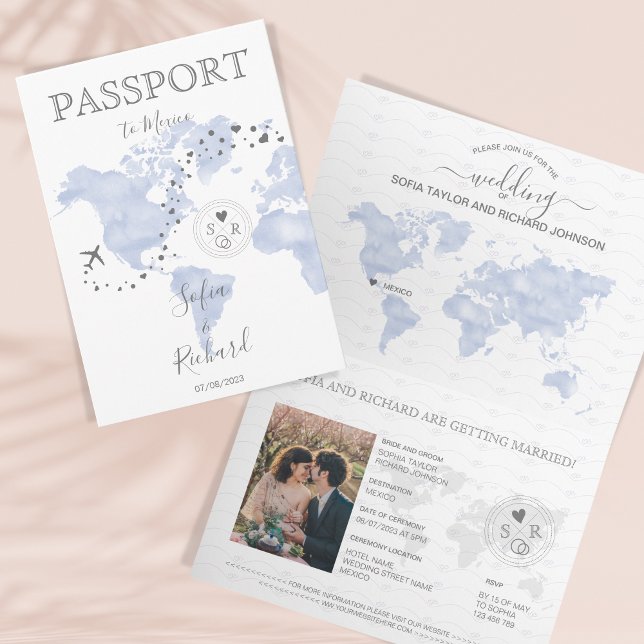 Wedding Destination Passport Blue World Map Blue Einladung (Von Creator hochgeladen)