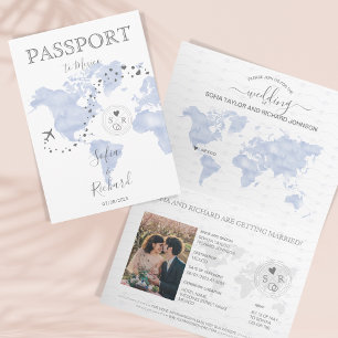 Wedding Destination Passport Blue World Map Blue Einladung
