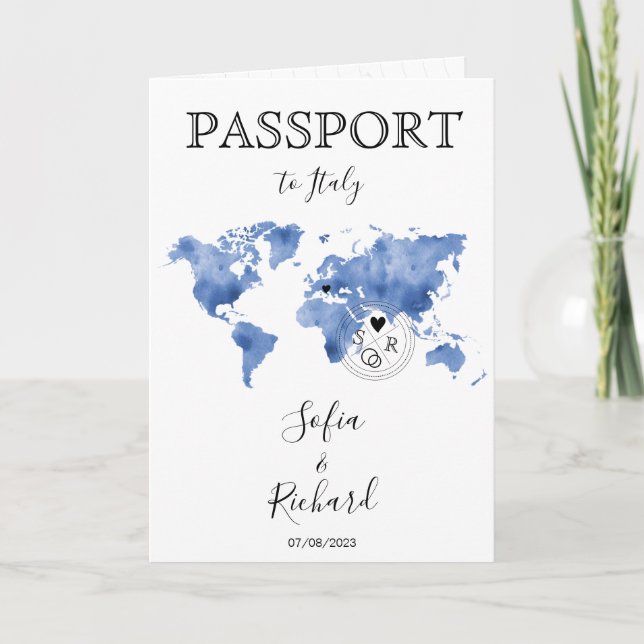 Wedding Destination Passport Blue World Map Einladung (Vorderseite)