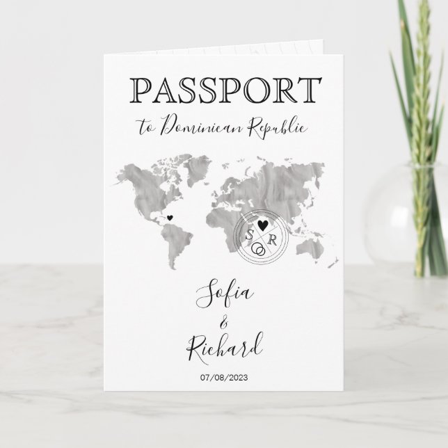 Wedding Destination Passport Blue World Map Grau Einladung (Vorderseite)
