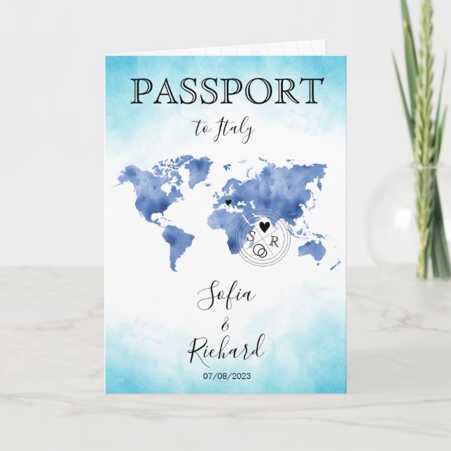 Wedding Destination Passport Blue World Map Invita Einladung (Vorderseite)