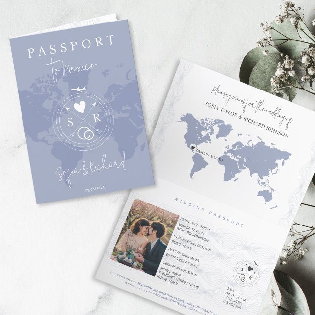 Wedding Destination Passport Dusty Blue Weltkarte Einladung (modern passport wedding invtation with dusty blue background and world map)