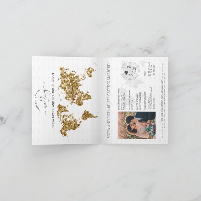 Wedding Destination Passport Gold Weltkarte Blau I Einladung (Innenseite)
