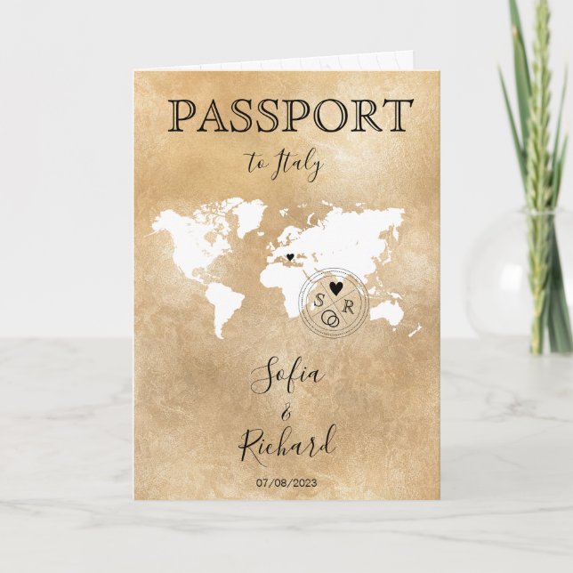 Wedding Destination Passport Gold Weltkarte Einladung (Vorderseite)