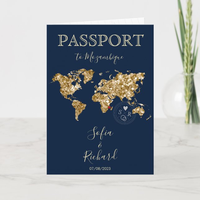 Wedding Destination Passport Gold Weltkarte Einladung (Vorderseite)
