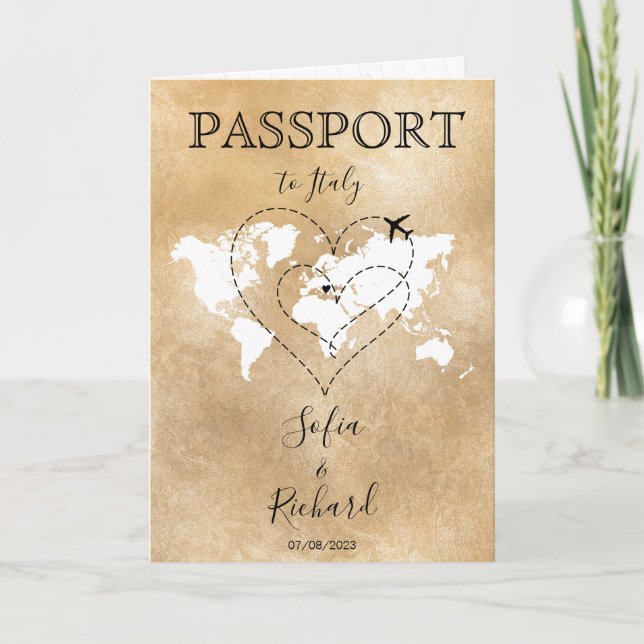 Wedding Destination Passport Gold Weltkarte Einladung (Vorderseite)