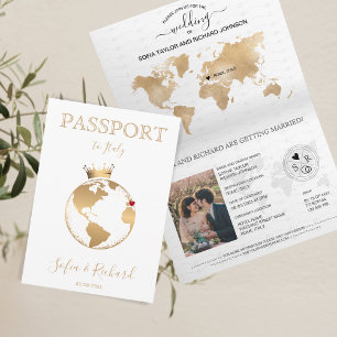 Wedding Destination Passport Gold Weltkarte Einladung
