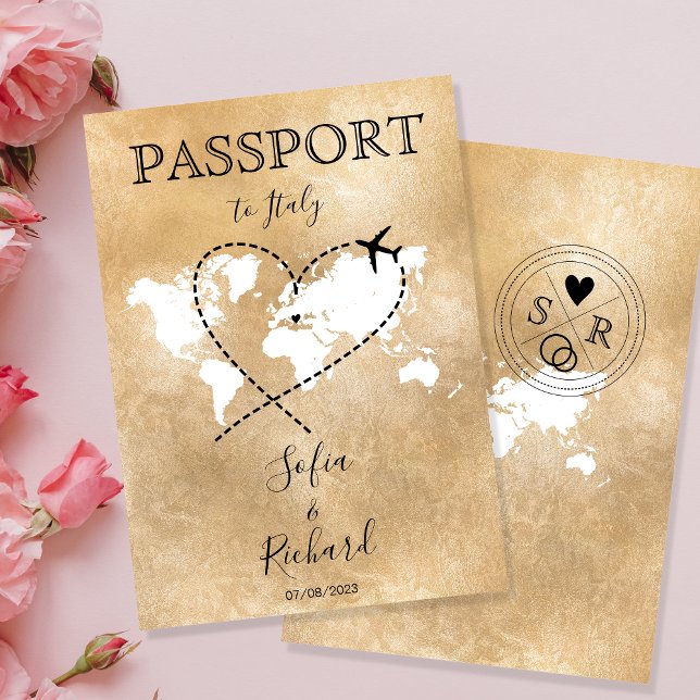 Wedding Destination Passport Gold Weltkarte Einladung (Von Creator hochgeladen)