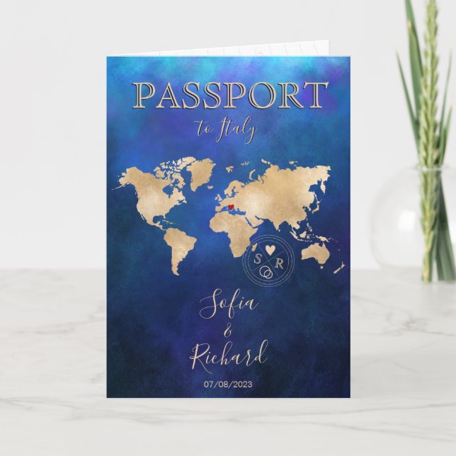 Wedding Destination Passport Gold Weltkarte Einladung (Vorderseite)
