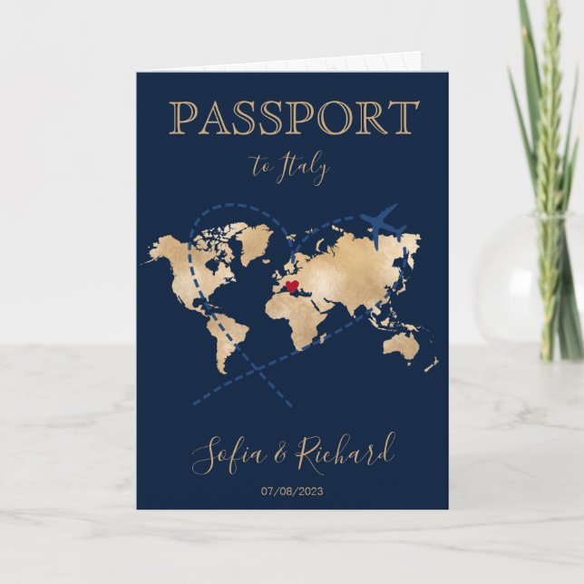 Wedding Destination Passport Gold Weltkarte Einladung (Vorderseite)