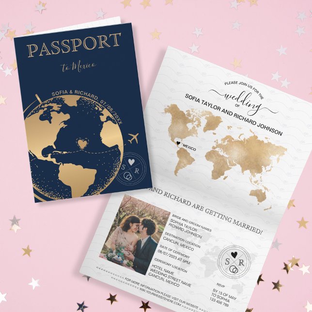 Wedding Destination Passport Gold Weltkarte Flugze Einladung (Von Creator hochgeladen)