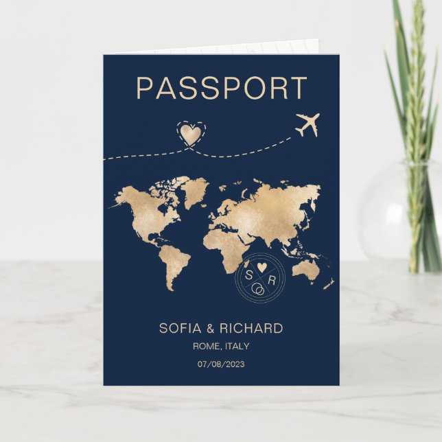 Wedding Destination Passport Gold Weltkarte Flugze Einladung (Vorderseite)