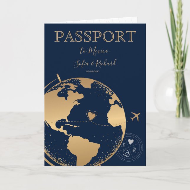 Wedding Destination Passport Gold Weltkarte Flugze Einladung (Vorderseite)