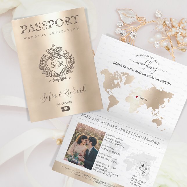 Wedding Destination Passport Gold Weltkarte Griech Einladung (custom crest wedding passport)