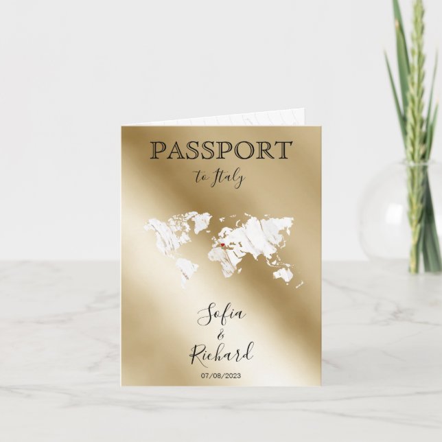 Wedding Destination Passport Gold Weltkarte Marmor Einladung (Vorderseite)