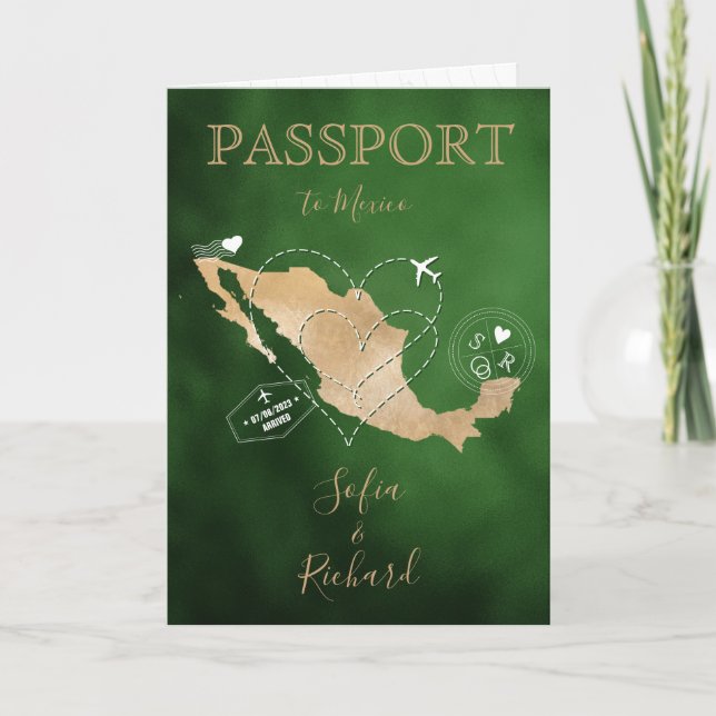 Wedding Destination Passport Gold Weltkarte Mexiko Einladung (Vorderseite)