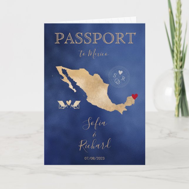 Wedding Destination Passport Gold Weltkarte Mexiko Einladung (Vorderseite)