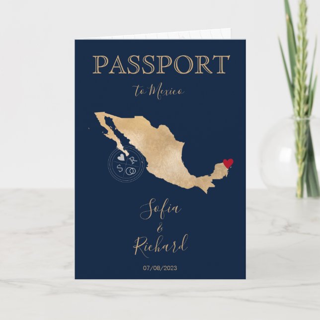 Wedding Destination Passport Gold Weltkarte Mexiko Einladung (Vorderseite)