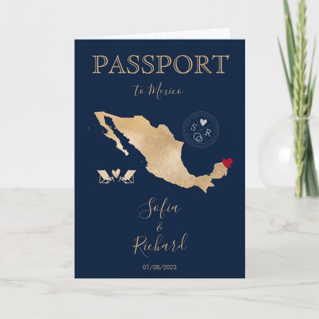 Wedding Destination Passport Gold Weltkarte Mexiko Einladung (Vorderseite)