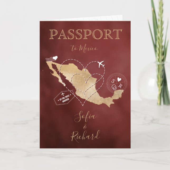 Wedding Destination Passport Gold Weltkarte Mexiko Einladung (Vorderseite)