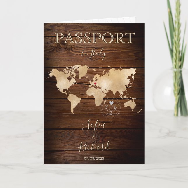 Wedding Destination Passport Gold Weltkarte Rustik Einladung (Vorderseite)