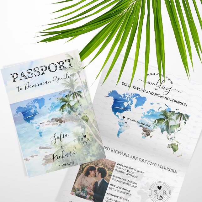 Wedding Destination Passport Green World Map Palm Einladung (Von Creator hochgeladen)
