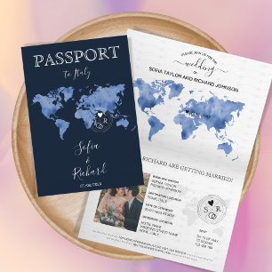 Wedding Destination Passport Navy Blue Weltkarte Einladung