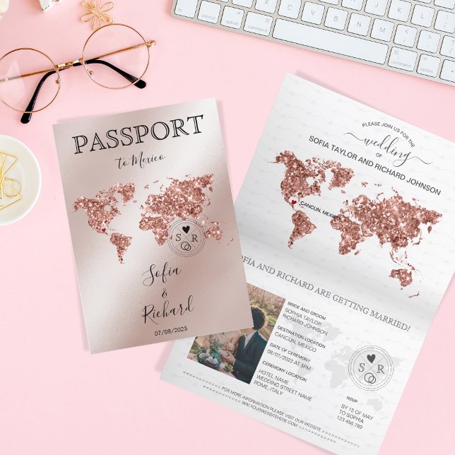 Wedding Destination Passport Rose Gold Weltkarte Einladung (Von Creator hochgeladen)