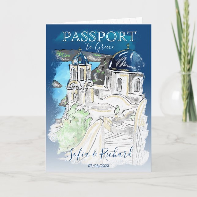 Wedding Destination Passport Santorini Griechenlan Einladung (Vorderseite)