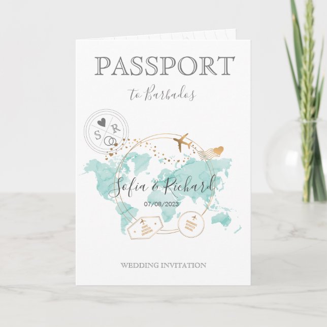 Wedding Destination Passport Weltkarte Barbados in Einladung (Vorderseite)