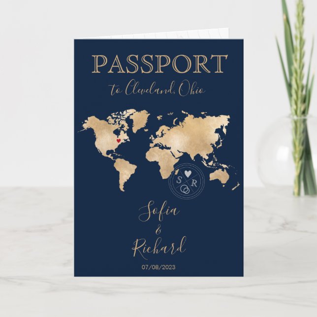 Wedding Destination Passport Weltkarte Cleveland Einladung (Vorderseite)