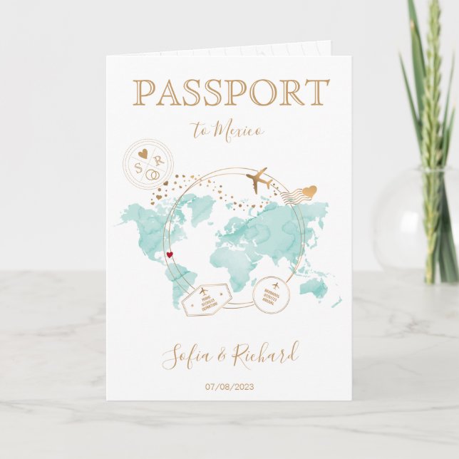 Wedding Destination Passport - Weltkarte Mexiko Einladung (Vorderseite)