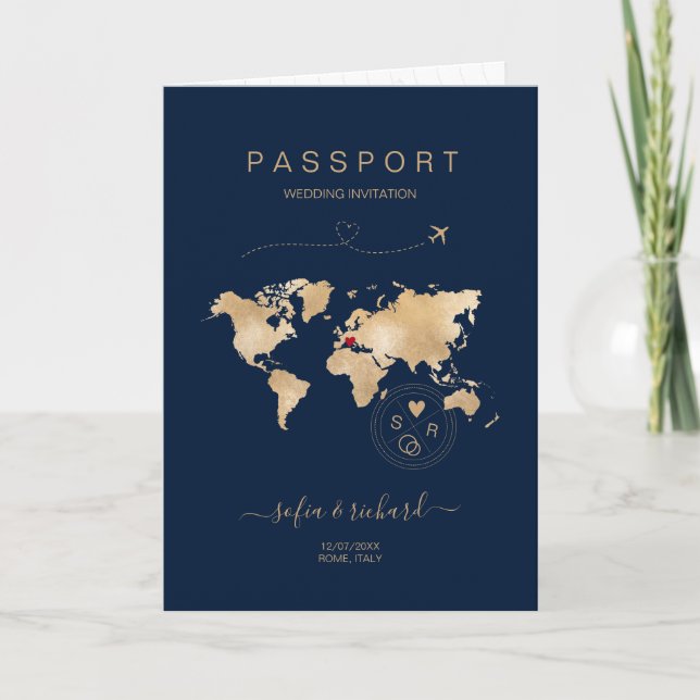 Wedding Destination Passport Weltkarte Modern Invi Einladung (Vorderseite)