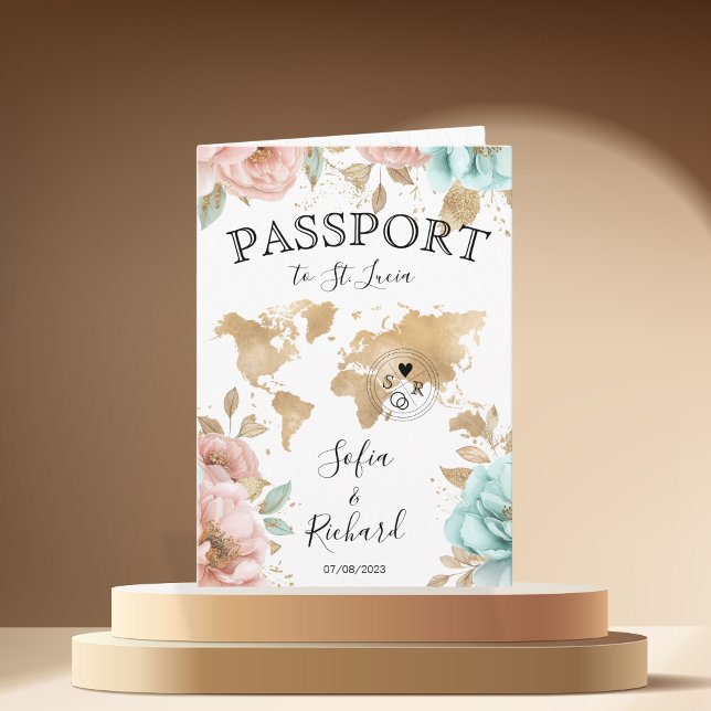 Wedding Destination Passport Weltkarte St. Lucia Einladung (pink and blue peonies)