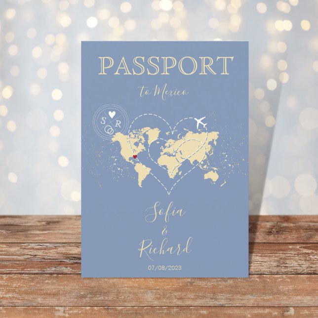 Wedding Destination Passport World Map Blue Einladung (Von Creator hochgeladen)